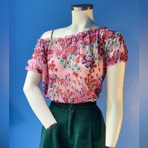 ModCloth Floral Print Pink Off the Shoulder Short Sleeve Top Blouse Semi Sheer